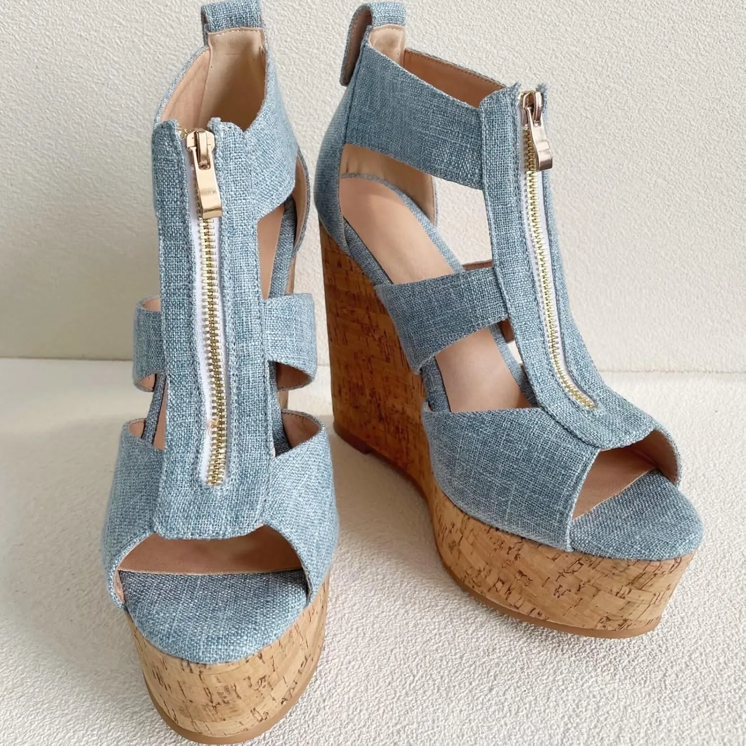 Frankie Hsu Sexy Lovely Casual Platform Wedge Sandal, Cute Blue Denim Long Zip High heeled Oak Wood Style, Designer Large Big Size Shoes For Women