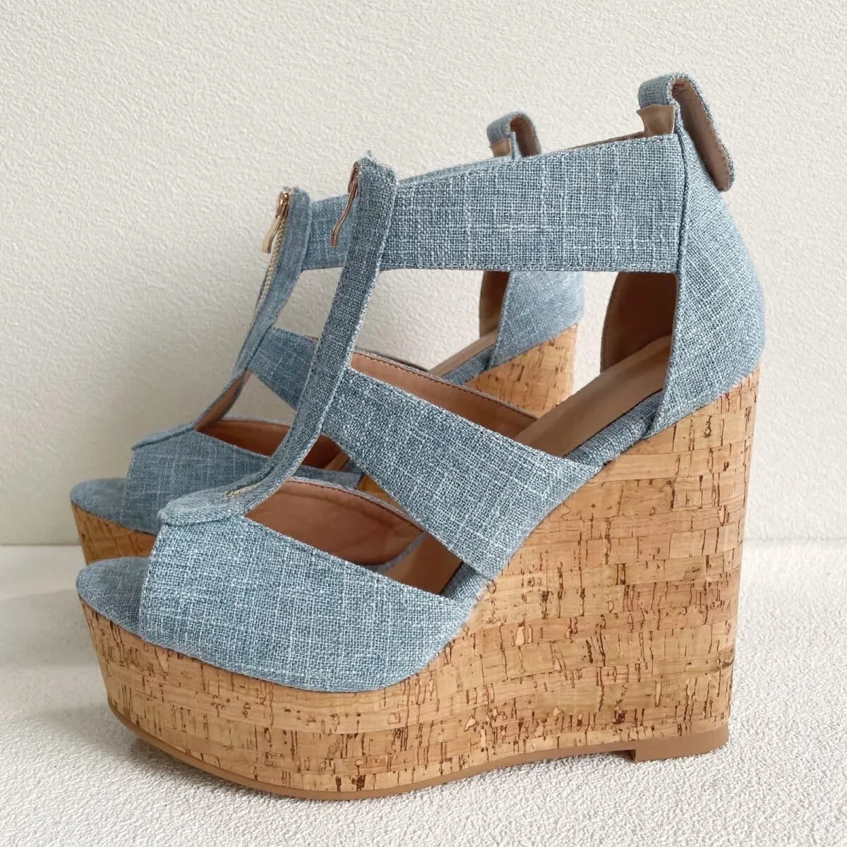 Frankie Hsu Sexy Lovely Casual Platform Wedge Sandal, Cute Blue Denim Long Zip High heeled Oak Wood Style, Designer Large Big Size Shoes For Women