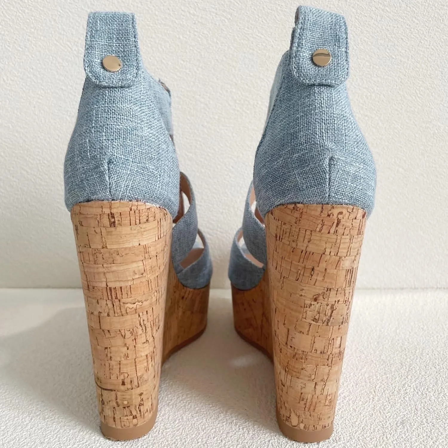 Frankie Hsu Sexy Lovely Casual Platform Wedge Sandal, Cute Blue Denim Long Zip High heeled Oak Wood Style, Designer Large Big Size Shoes For Women