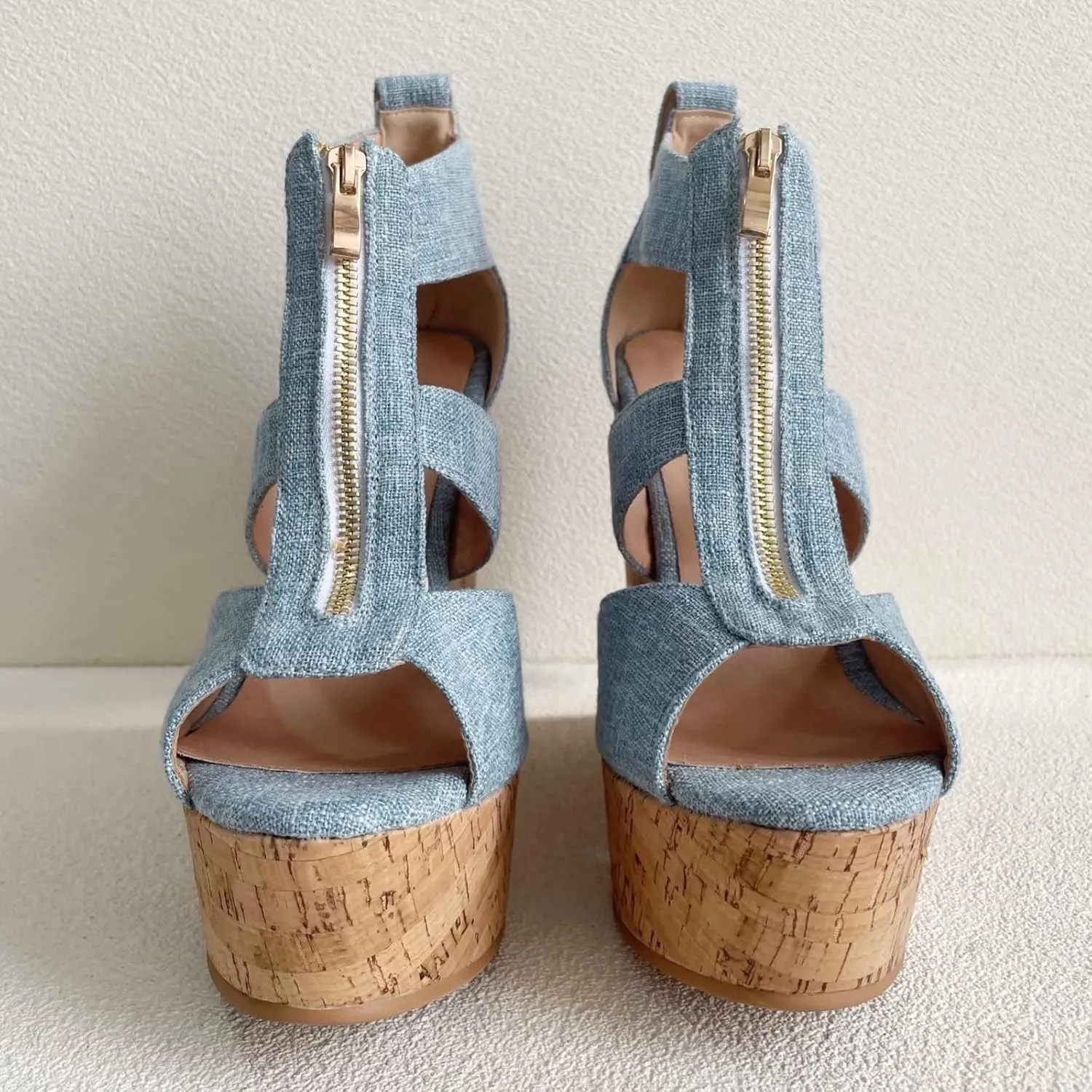 Frankie Hsu Sexy Lovely Casual Platform Wedge Sandal, Cute Blue Denim Long Zip High heeled Oak Wood Style, Designer Large Big Size Shoes For Women