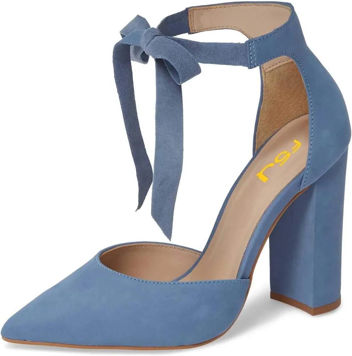 FSJ Women Faux Suede Chunky Block Heel Pump D'Orsay Pointed Toe Ankle Strap Lace Up Laides Sandal Size 4-15 US