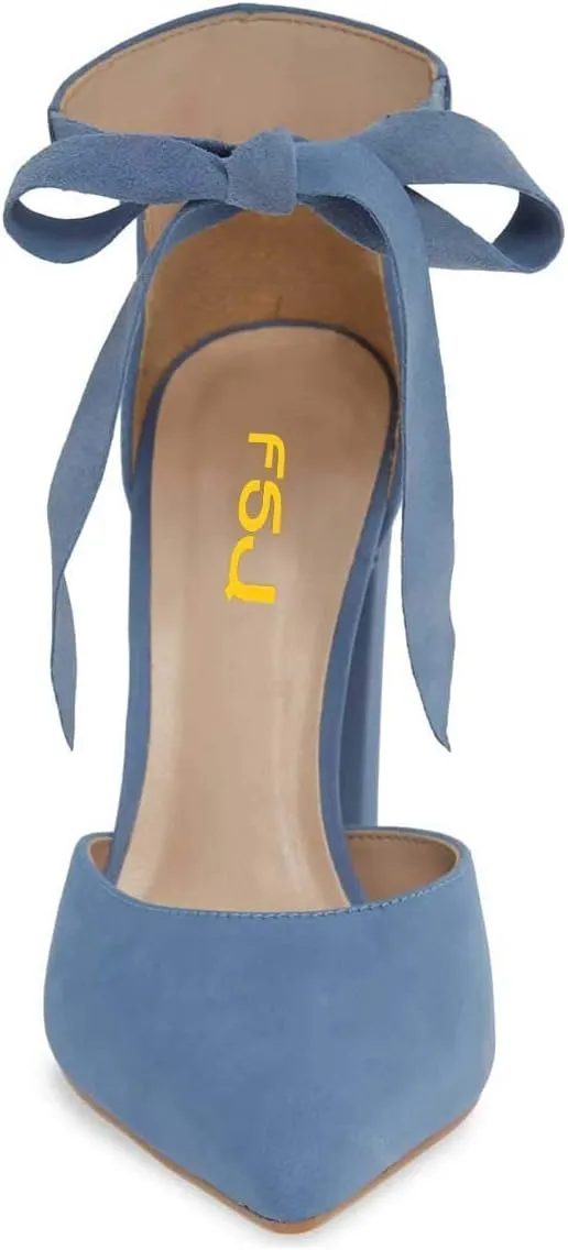FSJ Women Faux Suede Chunky Block Heel Pump D'Orsay Pointed Toe Ankle Strap Lace Up Laides Sandal Size 4-15 US