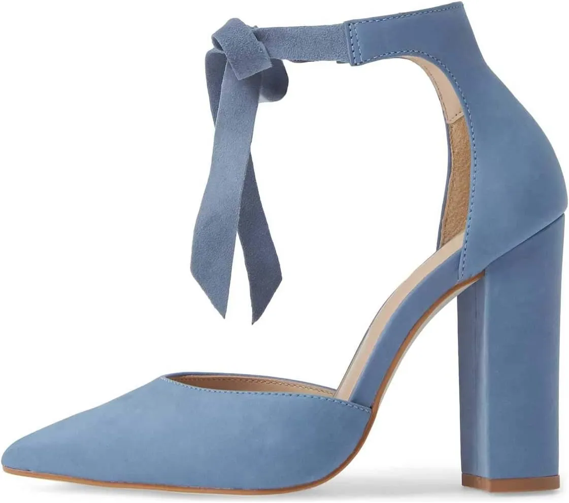 FSJ Women Faux Suede Chunky Block Heel Pump D'Orsay Pointed Toe Ankle Strap Lace Up Laides Sandal Size 4-15 US