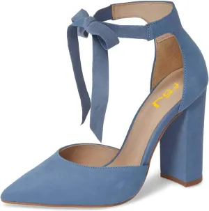 FSJ Women Faux Suede Chunky Block Heel Pump D'Orsay Pointed Toe Ankle Strap Lace Up Laides Sandal Size 4-15 US