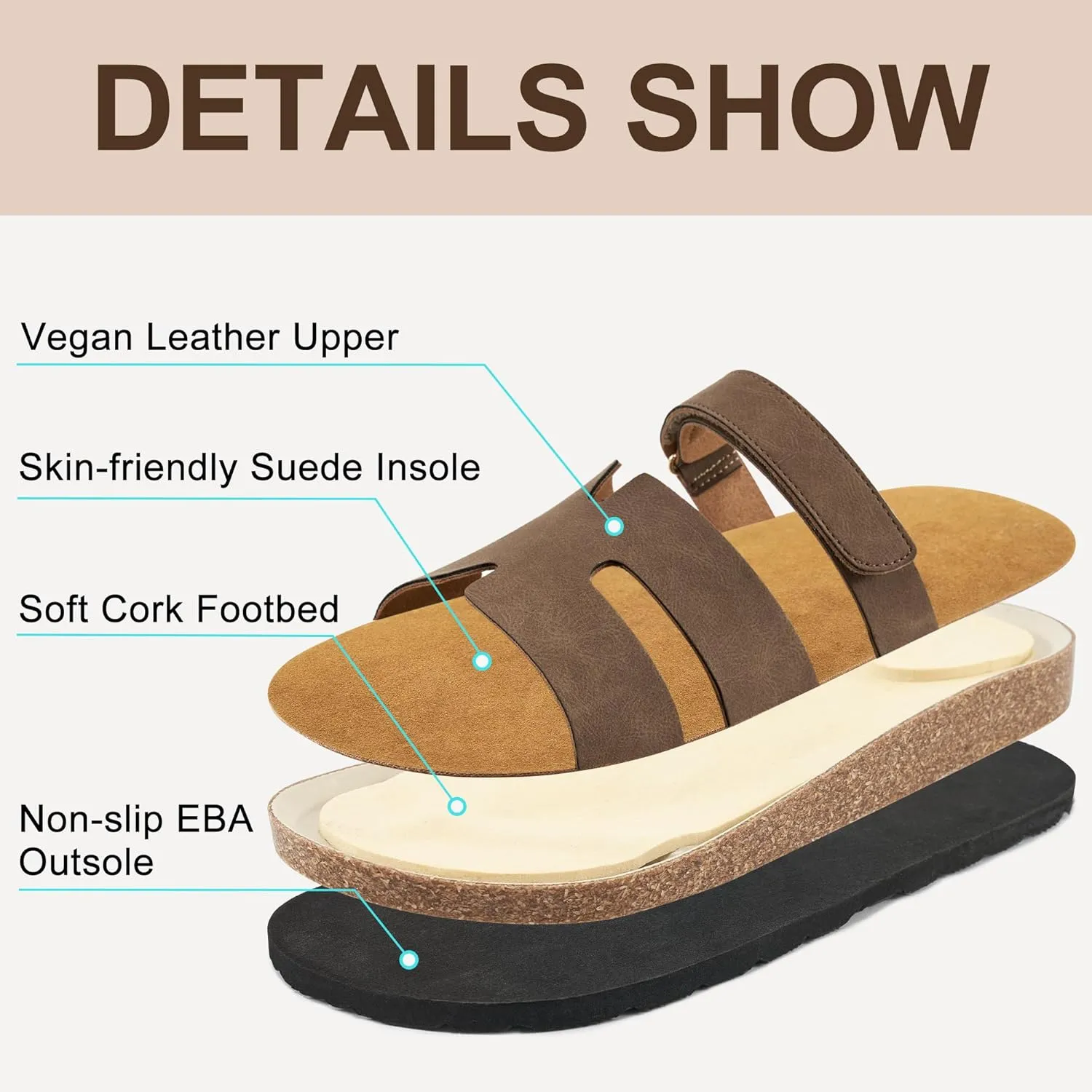 FUDYNMALC Womens Slides Sandals with Cork Footbed: Summer Beach Flat Shoes Adjustable Comfortable Dressy Walking Footwear 2025