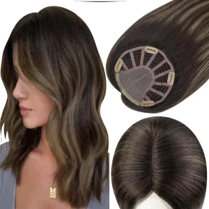 Full Shine Topper Extensions Color 2/8/2 Black with Blonde 12 Inch Hidden Crown Hair Extensions Hair Pieces with Clips 5 * 5 Inch Clip in Silk Human for Women Remy Extensions