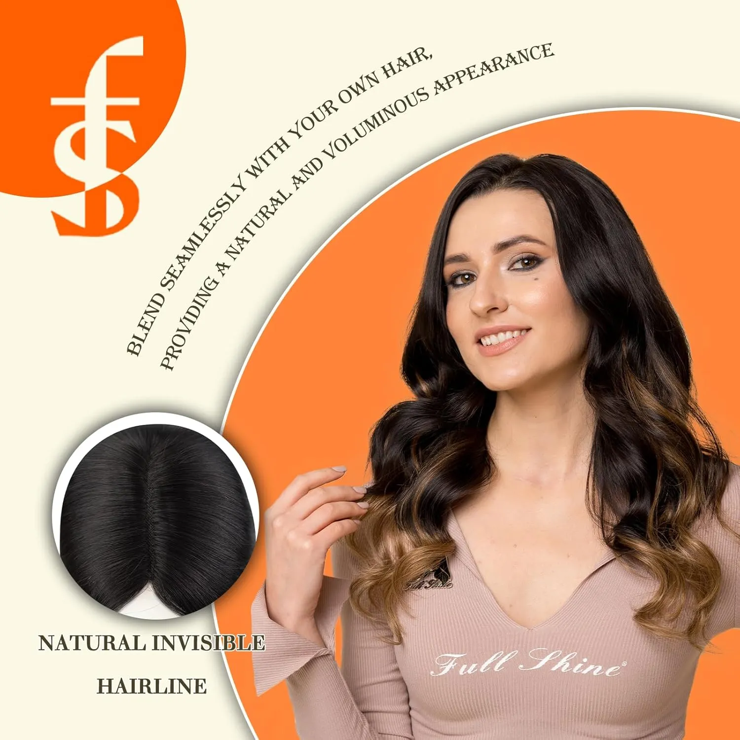 Full Shine Topper Extensions Color 2/8/2 Black with Blonde 12 Inch Hidden Crown Hair Extensions Hair Pieces with Clips 5 * 5 Inch Clip in Silk Human for Women Remy Extensions
