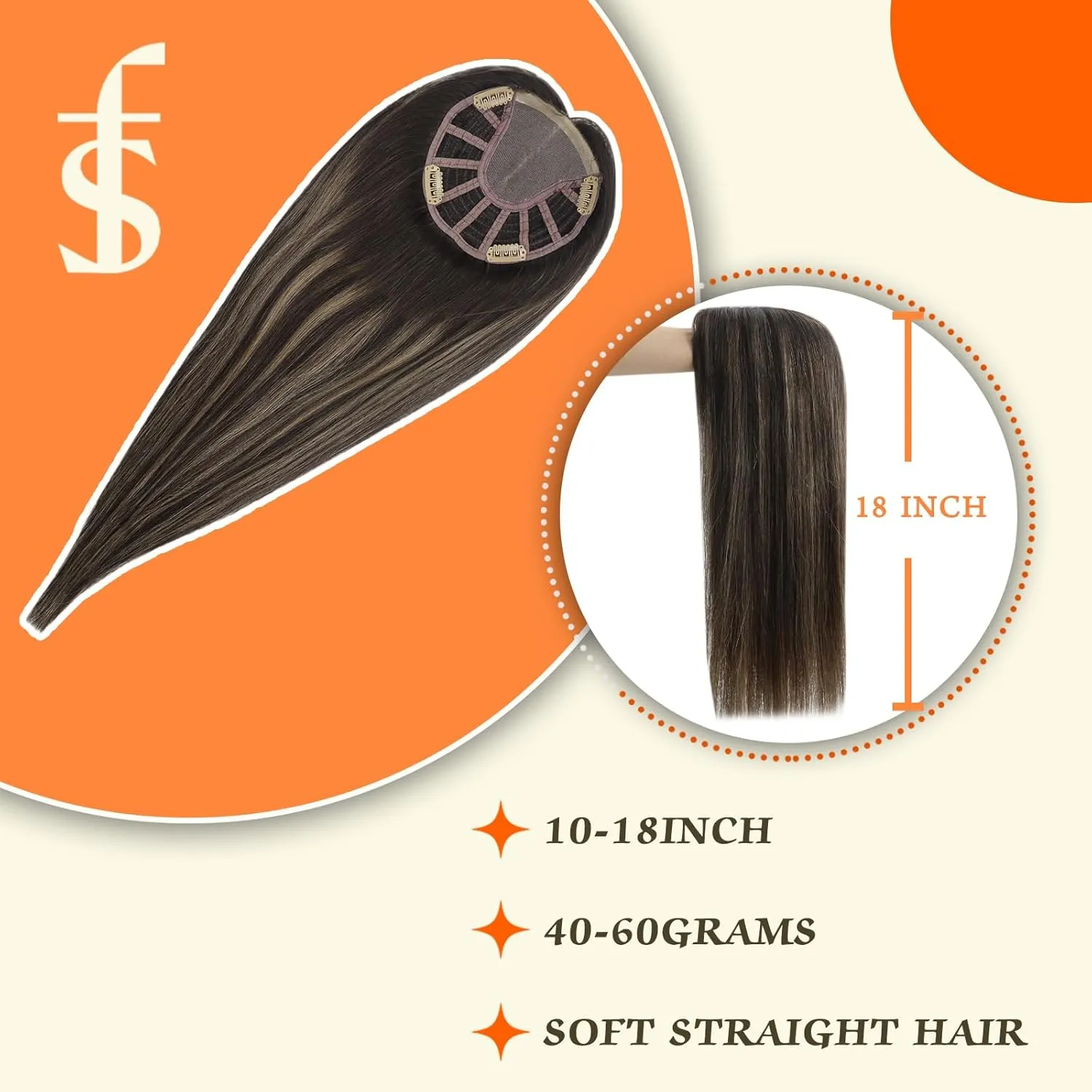 Full Shine Topper Extensions Color 2/8/2 Black with Blonde 12 Inch Hidden Crown Hair Extensions Hair Pieces with Clips 5 * 5 Inch Clip in Silk Human for Women Remy Extensions