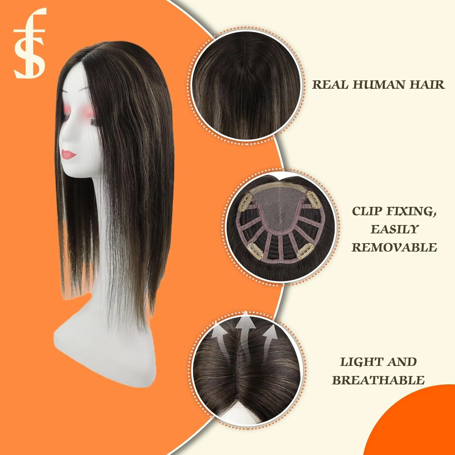 Full Shine Topper Extensions Color 2/8/2 Black with Blonde 12 Inch Hidden Crown Hair Extensions Hair Pieces with Clips 5 * 5 Inch Clip in Silk Human for Women Remy Extensions