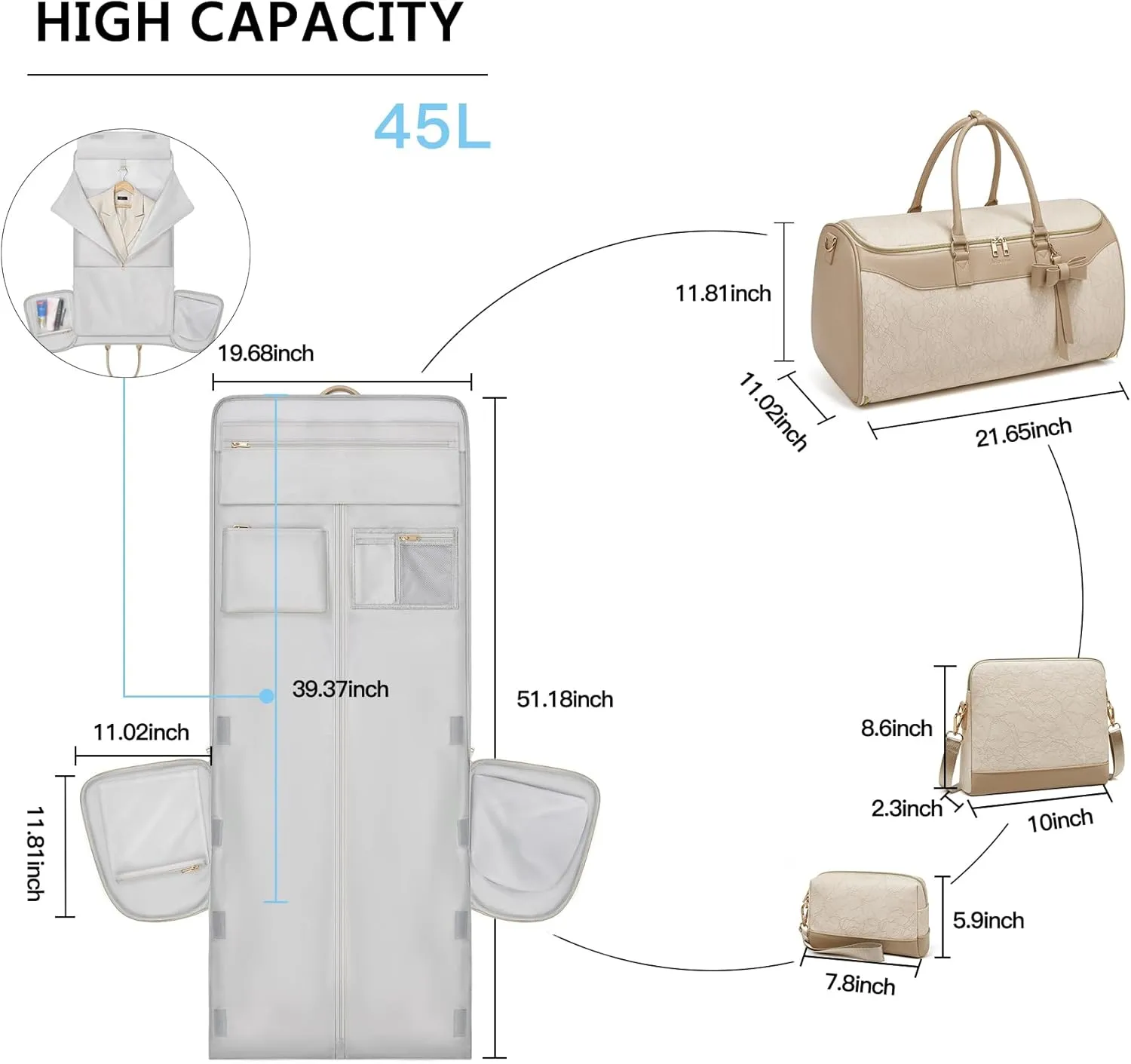 Garment Bags for Travel,Leather Convertible Garment Duffle Bag with Toiletry,Waterproof Carry On Garment Bag with Shoe Compartment,2 in 1 Suit Travel Bag for Women Weekender 3pcs Set