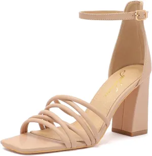 geluboao Heels for Women Strappy Lace Up Chunky Block High Heeled Sandals Square Open Toe Ankle Buckle Strap Sandals Wedding Party Dress Heels