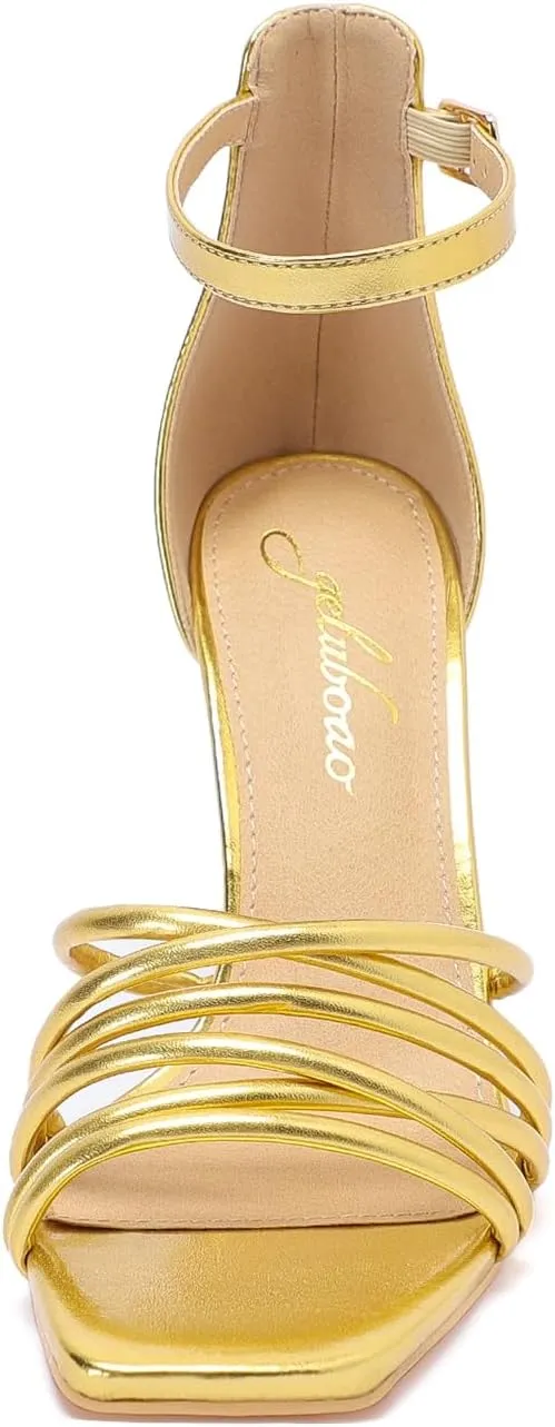 geluboao Heels for Women Strappy Lace Up Chunky Block High Heeled Sandals Square Open Toe Ankle Buckle Strap Sandals Wedding Party Dress Heels