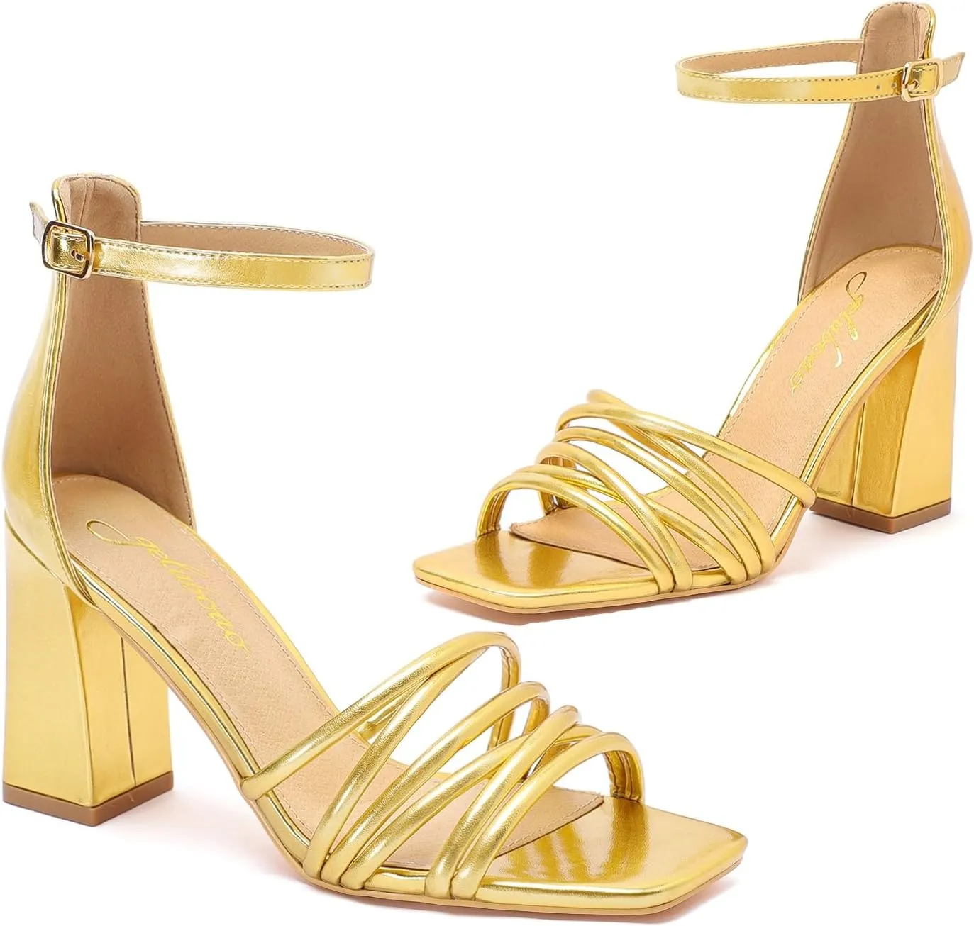 geluboao Heels for Women Strappy Lace Up Chunky Block High Heeled Sandals Square Open Toe Ankle Buckle Strap Sandals Wedding Party Dress Heels