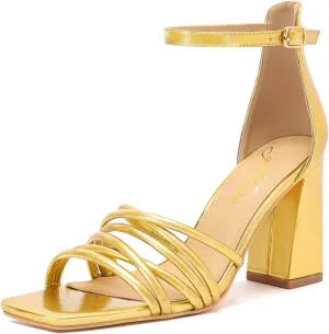 geluboao Heels for Women Strappy Lace Up Chunky Block High Heeled Sandals Square Open Toe Ankle Buckle Strap Sandals Wedding Party Dress Heels