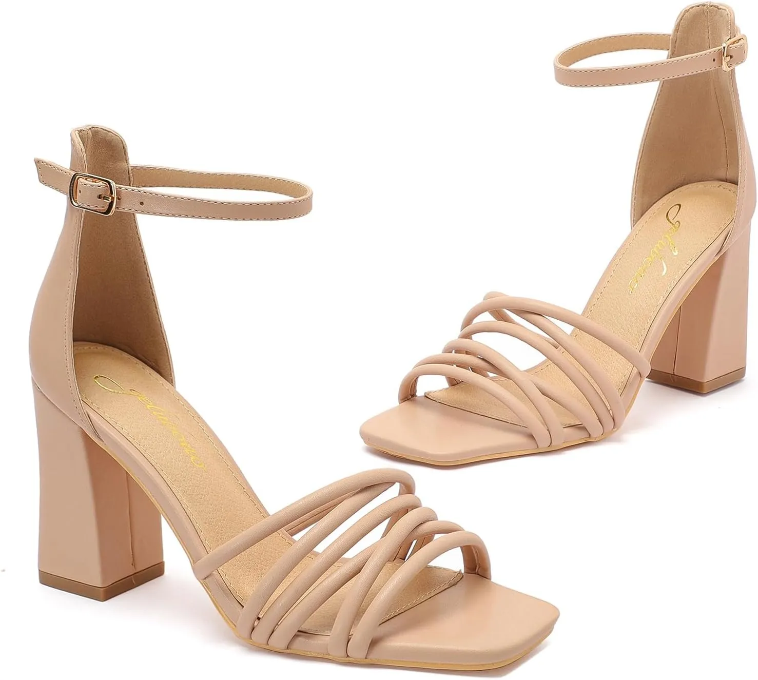 geluboao Heels for Women Strappy Lace Up Chunky Block High Heeled Sandals Square Open Toe Ankle Buckle Strap Sandals Wedding Party Dress Heels
