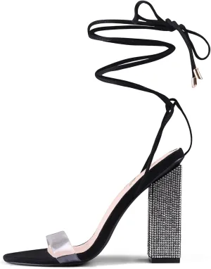 GENSHUO Sexy Strappy Rhinestone Chunky Sandals for Women Lace-up High Heels Transparent Open Toe Party Wedding Homecoming Shoes
