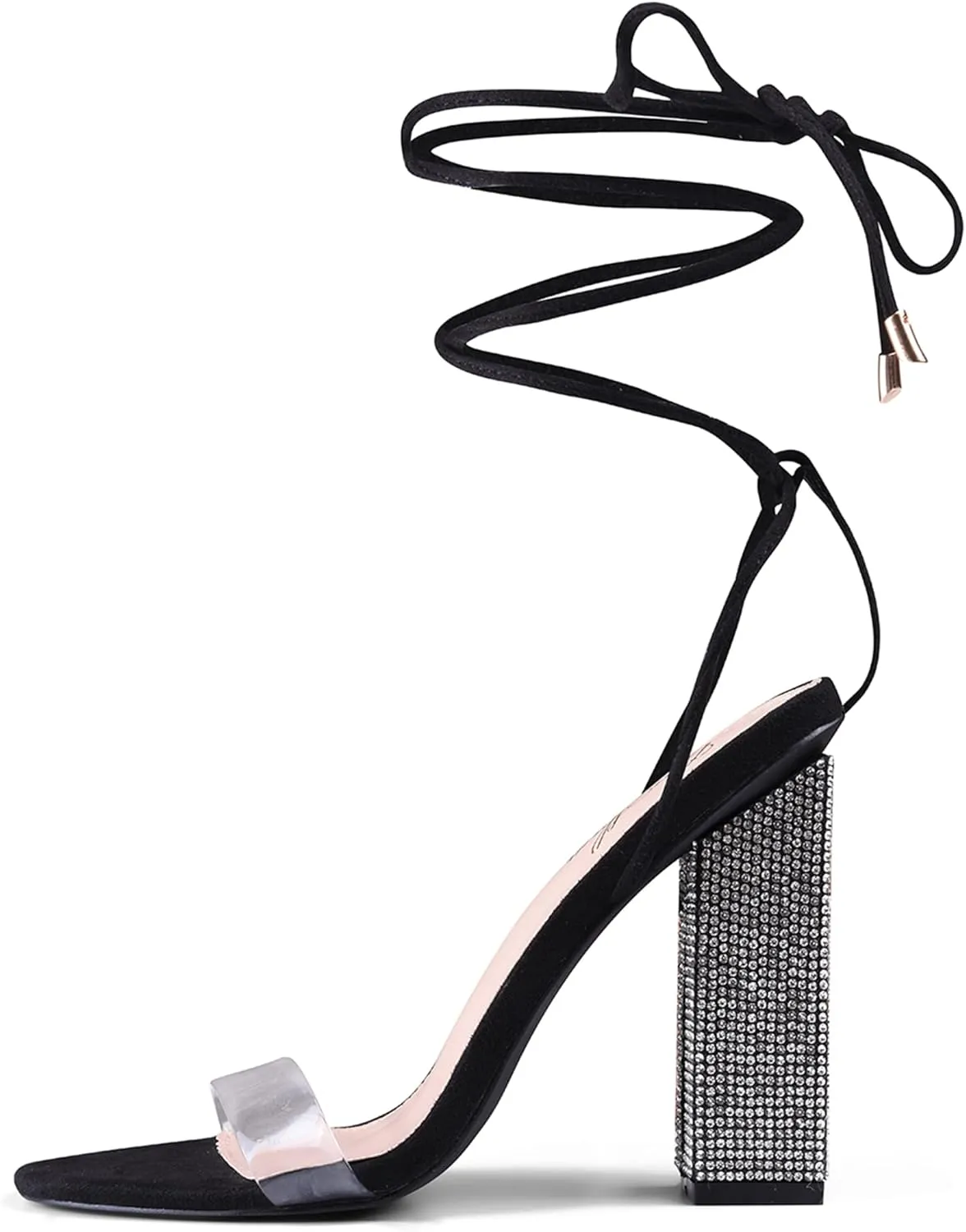 GENSHUO Sexy Strappy Rhinestone Chunky Sandals for Women Lace-up High Heels Transparent Open Toe Party Wedding Homecoming Shoes