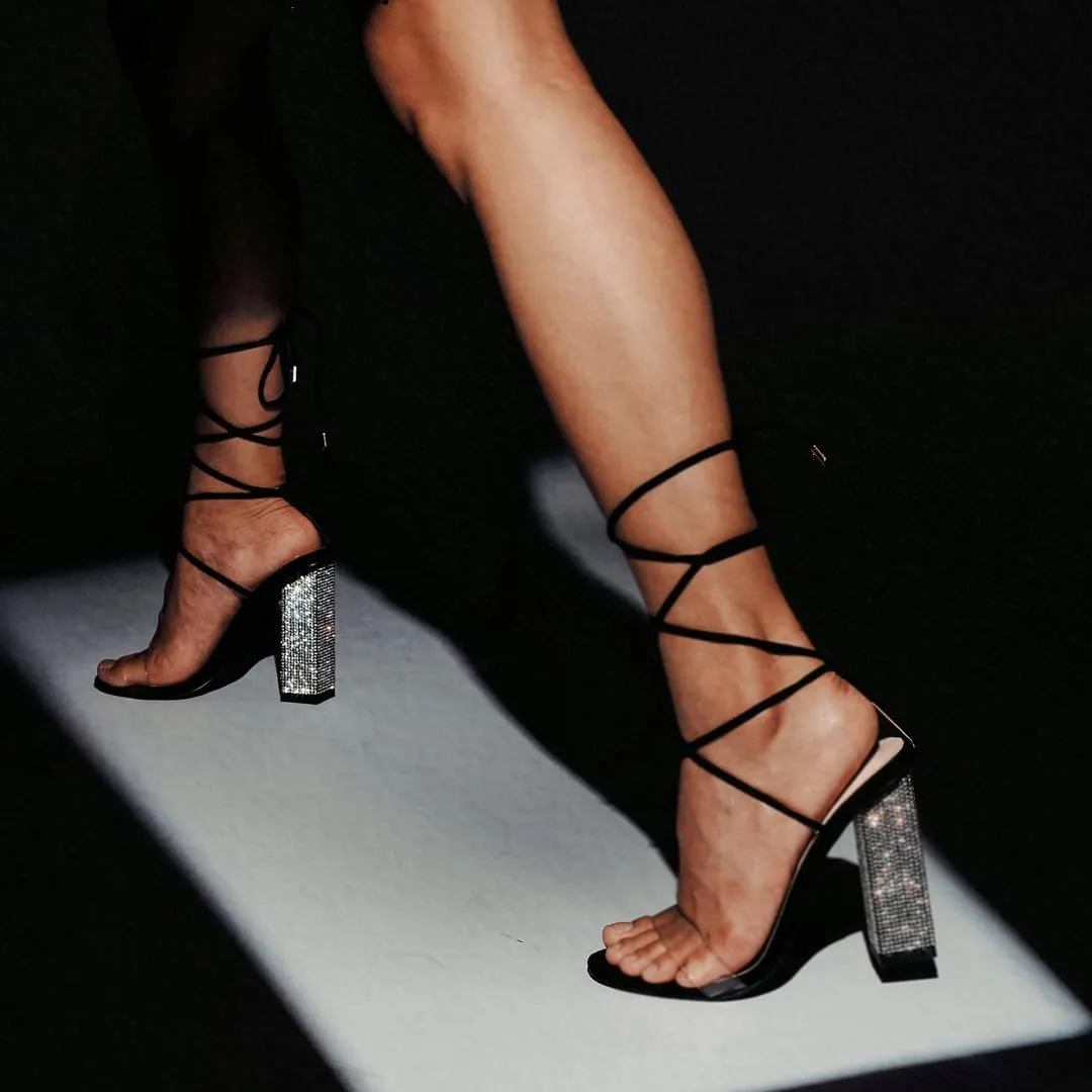 GENSHUO Sexy Strappy Rhinestone Chunky Sandals for Women Lace-up High Heels Transparent Open Toe Party Wedding Homecoming Shoes