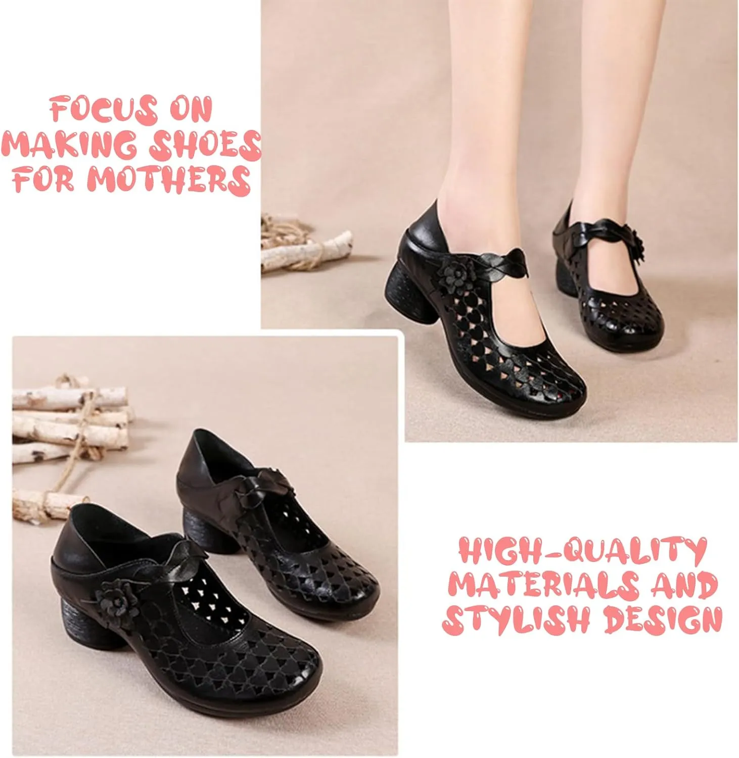 Genuine Leather Hollow Chunky Heel Pumps - Retro Closed Wide Head Adjustable Hook and Loop Block Heel Comfortable Breathable Fashionable Mom Pumps for Work Party