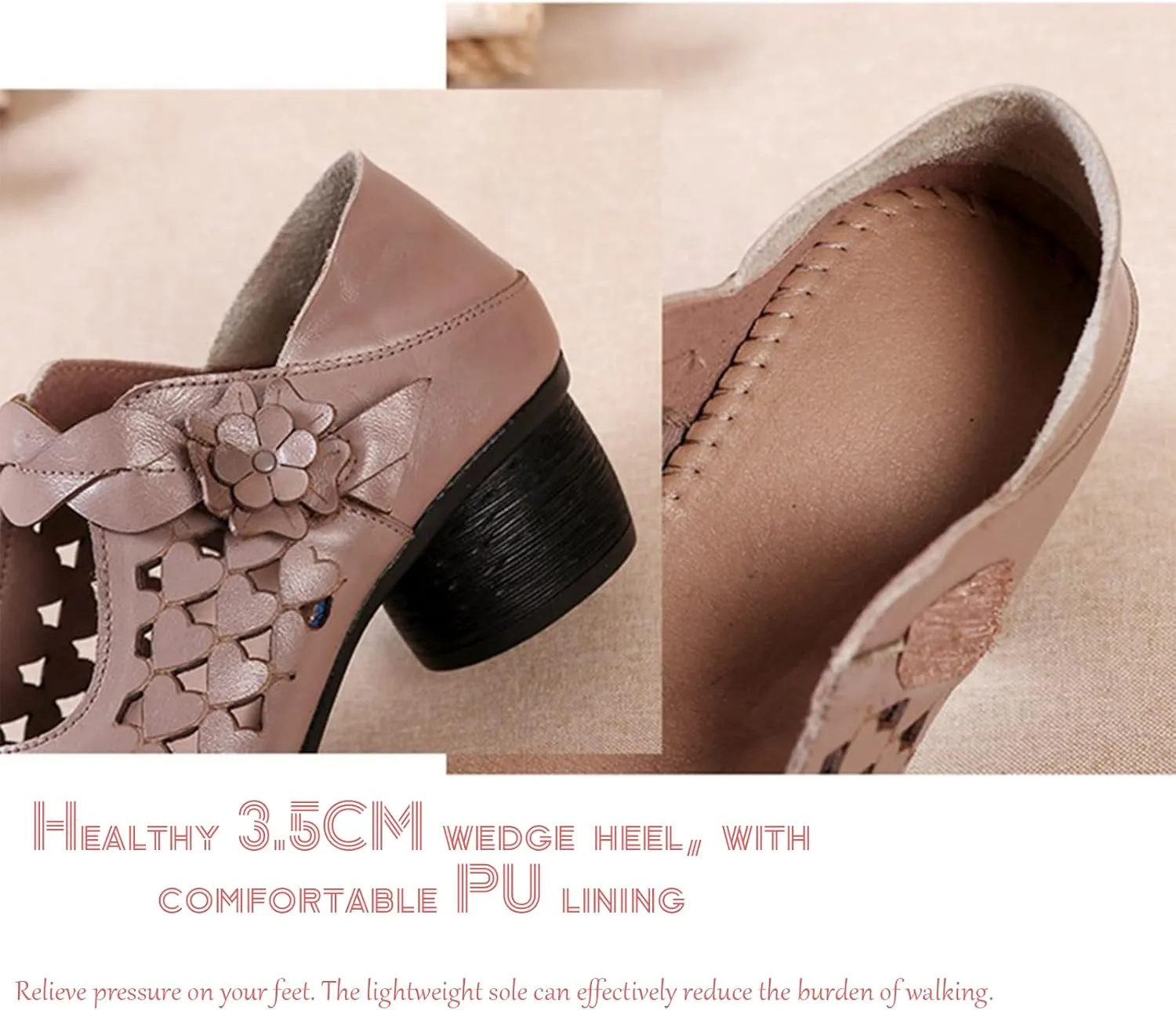 Genuine Leather Hollow Chunky Heel Pumps - Retro Closed Wide Head Adjustable Hook and Loop Block Heel Comfortable Breathable Fashionable Mom Pumps for Work Party