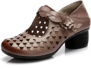 Genuine Leather Hollow Chunky Heel Pumps - Retro Closed Wide Head Adjustable Hook and Loop Block Heel Comfortable Breathable Fashionable Mom Pumps for Work Party