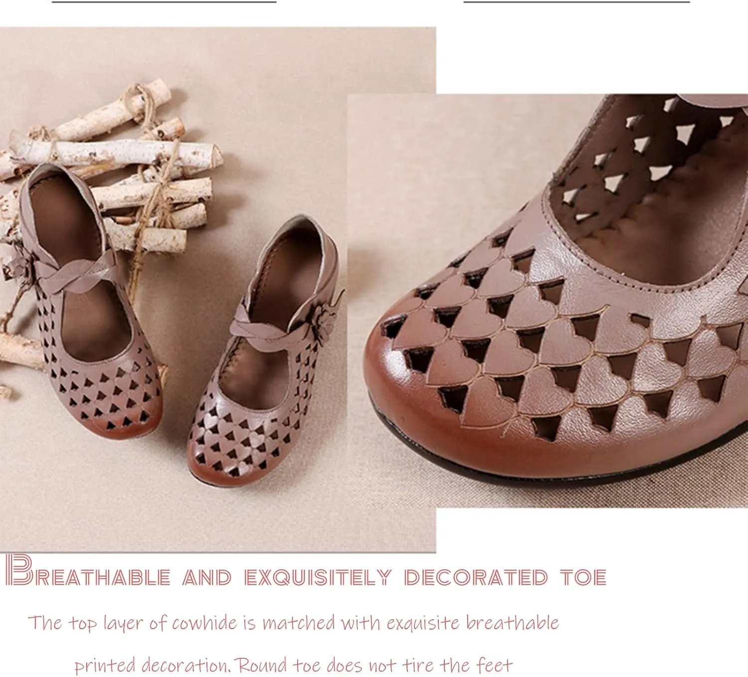 Genuine Leather Hollow Chunky Heel Pumps - Retro Closed Wide Head Adjustable Hook and Loop Block Heel Comfortable Breathable Fashionable Mom Pumps for Work Party