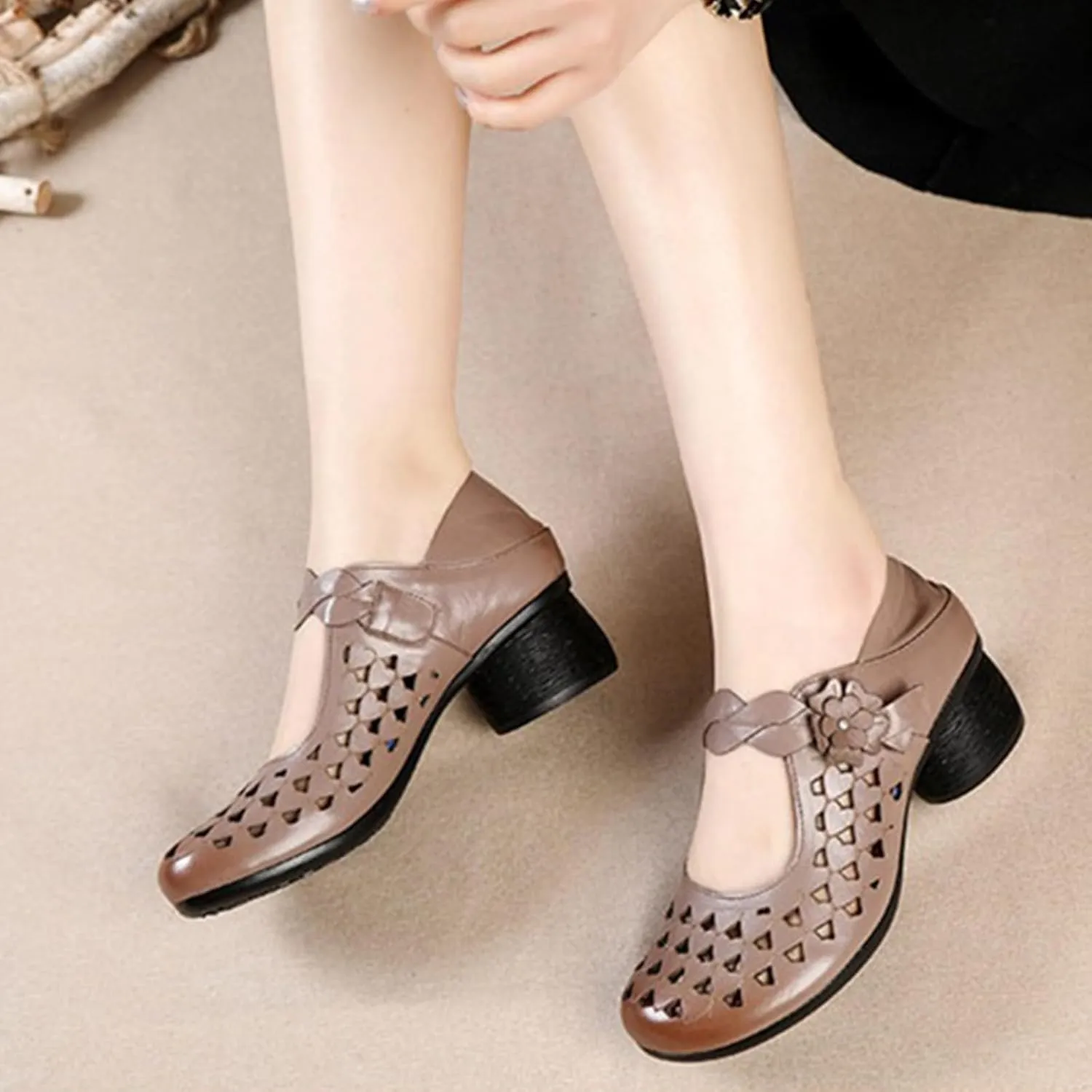 Genuine Leather Hollow Chunky Heel Pumps - Retro Closed Wide Head Adjustable Hook and Loop Block Heel Comfortable Breathable Fashionable Mom Pumps for Work Party