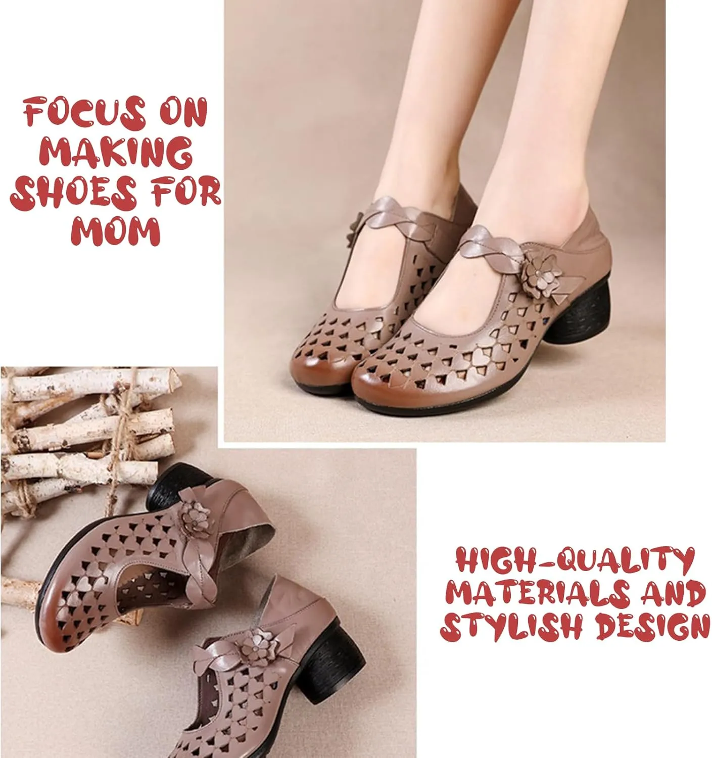 Genuine Leather Hollow Chunky Heel Pumps - Retro Closed Wide Head Adjustable Hook and Loop Block Heel Comfortable Breathable Fashionable Mom Pumps for Work Party