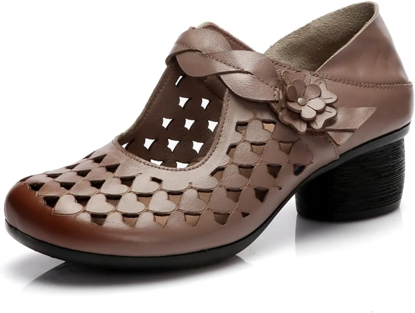 Genuine Leather Hollow Chunky Heel Pumps - Retro Closed Wide Head Adjustable Hook and Loop Block Heel Comfortable Breathable Fashionable Mom Pumps for Work Party