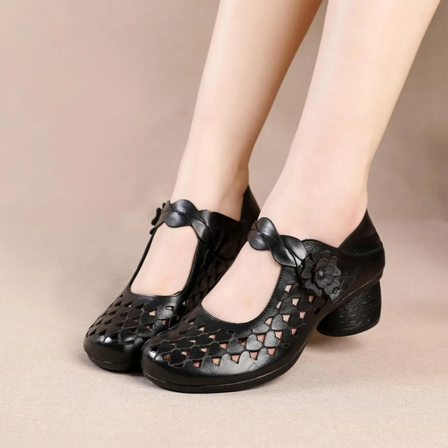 Genuine Leather Hollow Chunky Heel Pumps - Retro Closed Wide Head Adjustable Hook and Loop Block Heel Comfortable Breathable Fashionable Mom Pumps for Work Party