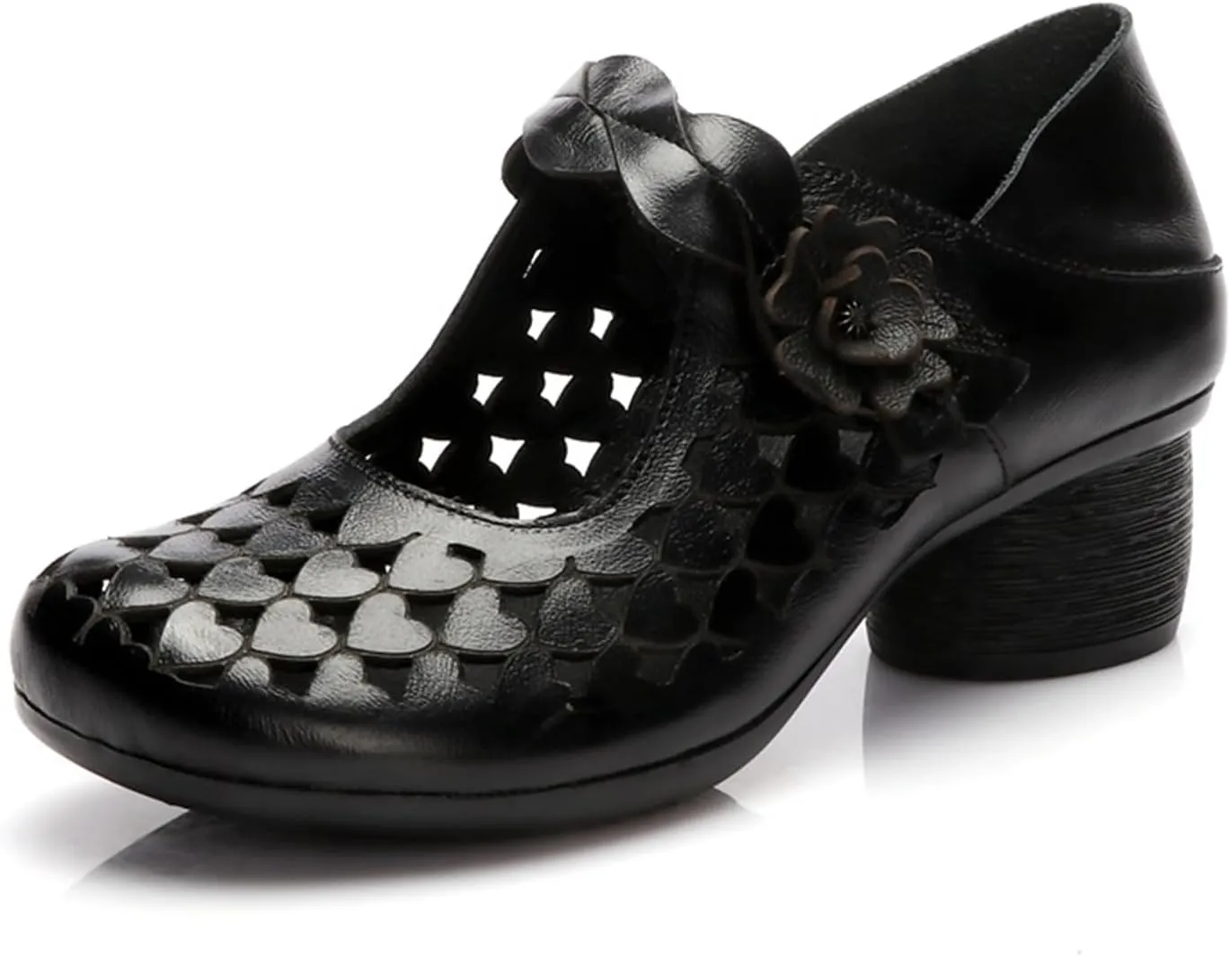 Genuine Leather Hollow Chunky Heel Pumps - Retro Closed Wide Head Adjustable Hook and Loop Block Heel Comfortable Breathable Fashionable Mom Pumps for Work Party