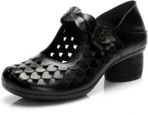 Genuine Leather Hollow Chunky Heel Pumps - Retro Closed Wide Head Adjustable Hook and Loop Block Heel Comfortable Breathable Fashionable Mom Pumps for Work Party