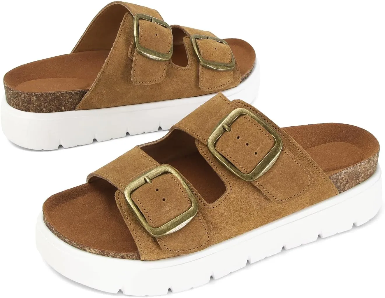 Genuine Leather Platform Sandals for Women Comfortable Summer Beach Slides Sandals with Double Adjustable Buckle