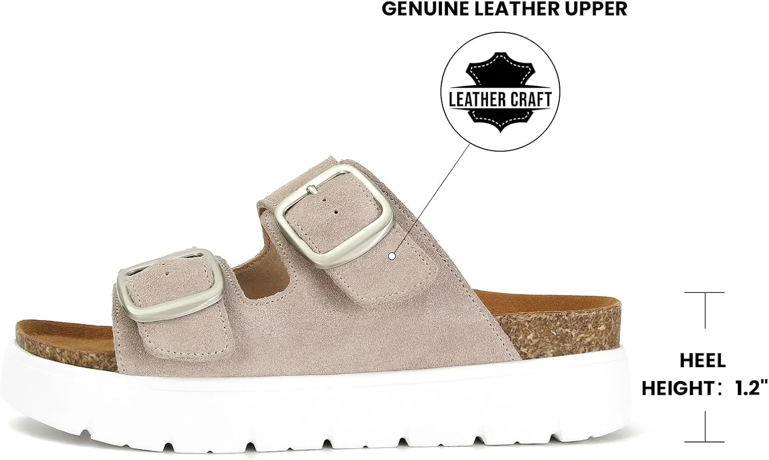 Genuine Leather Platform Sandals for Women Comfortable Summer Beach Slides Sandals with Double Adjustable Buckle