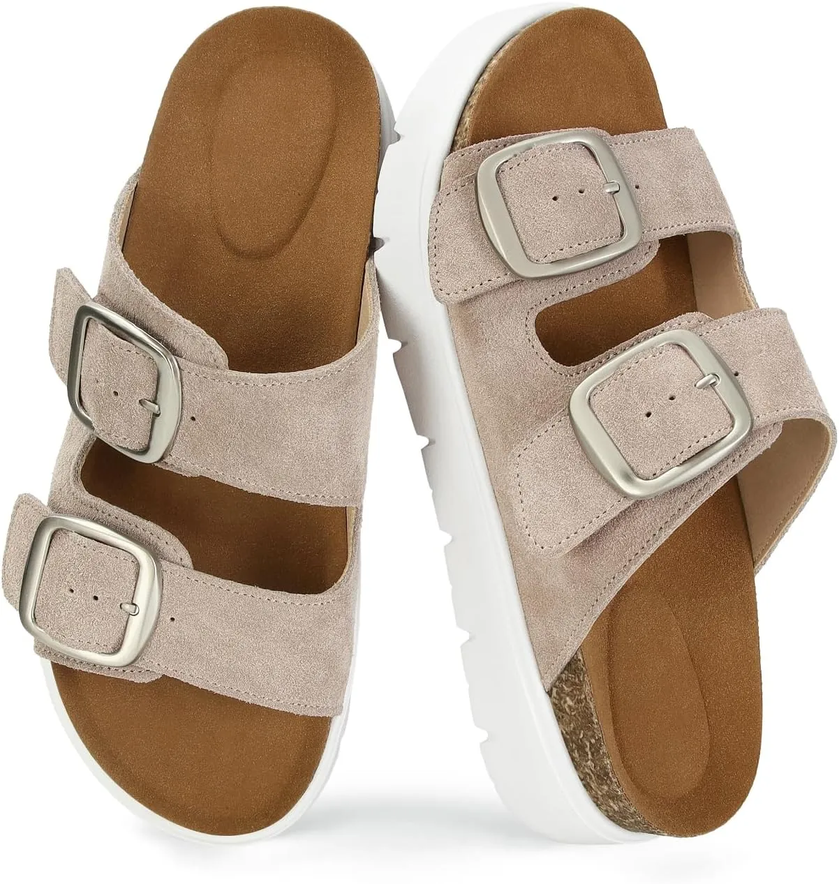 Genuine Leather Platform Sandals for Women Comfortable Summer Beach Slides Sandals with Double Adjustable Buckle