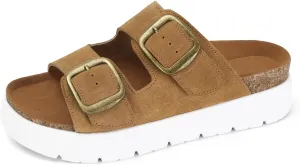 Genuine Leather Platform Sandals for Women Comfortable Summer Beach Slides Sandals with Double Adjustable Buckle