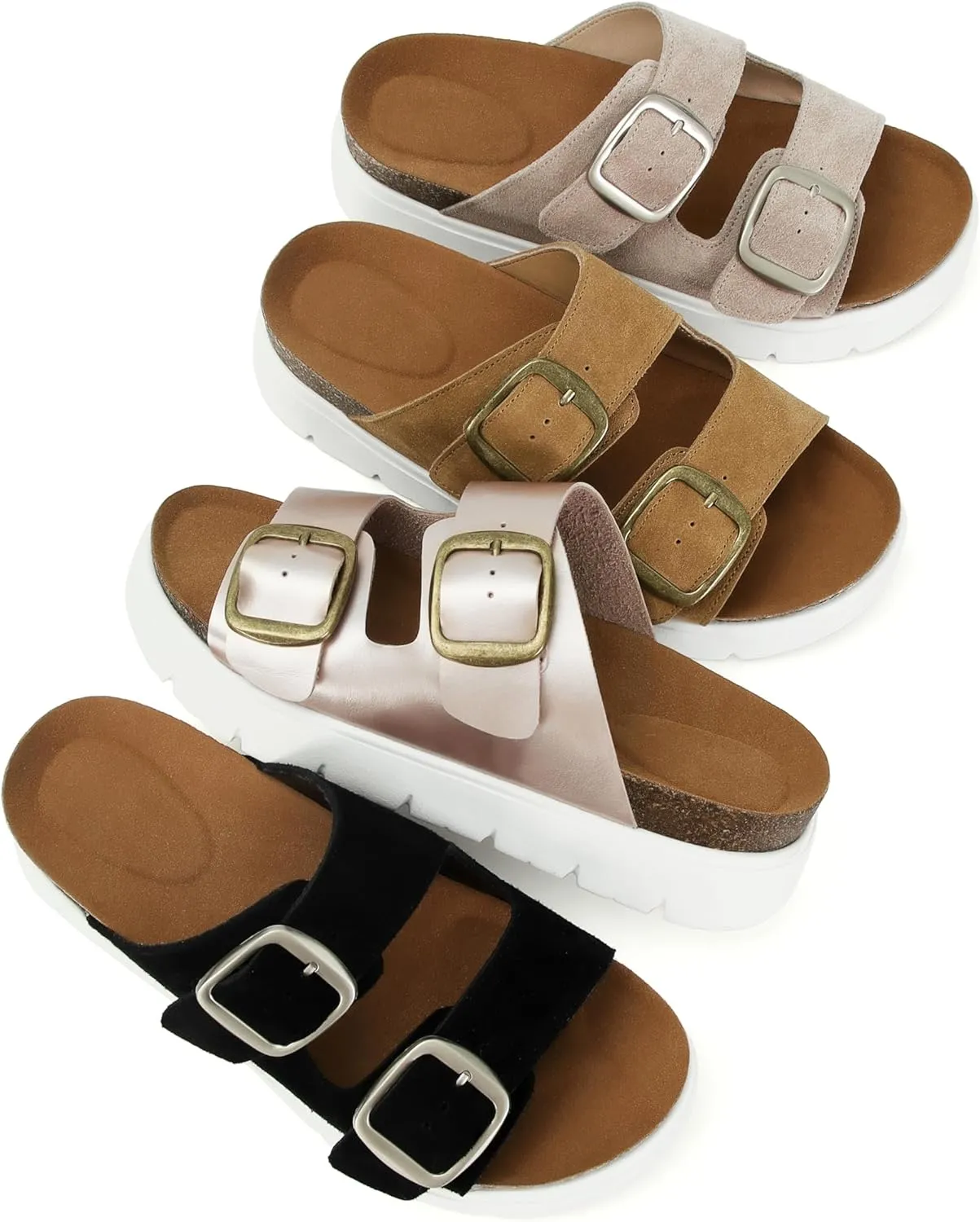 Genuine Leather Platform Sandals for Women Comfortable Summer Beach Slides Sandals with Double Adjustable Buckle