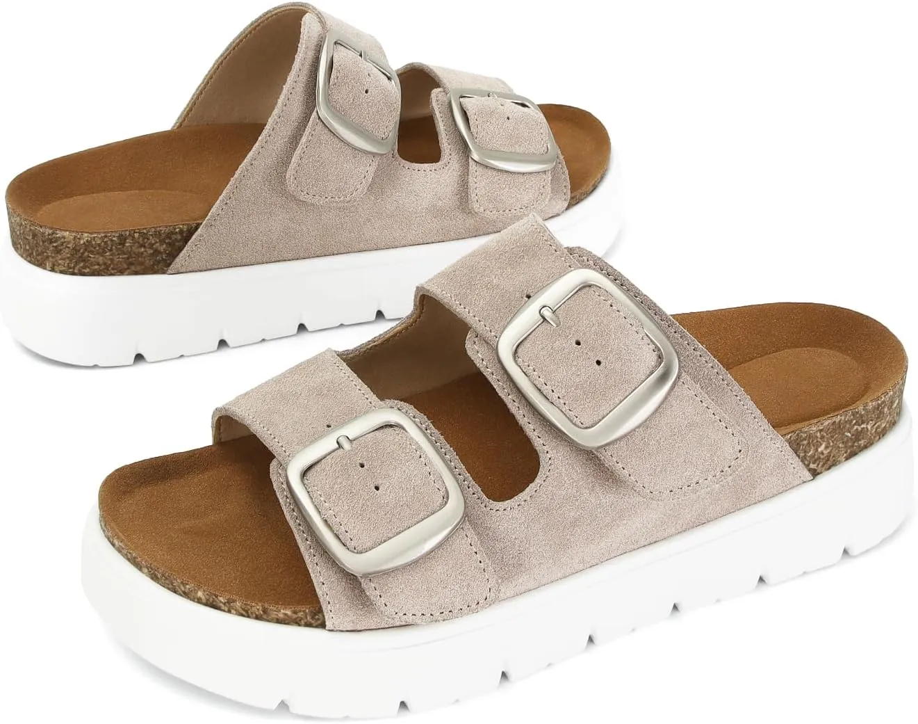 Genuine Leather Platform Sandals for Women Comfortable Summer Beach Slides Sandals with Double Adjustable Buckle