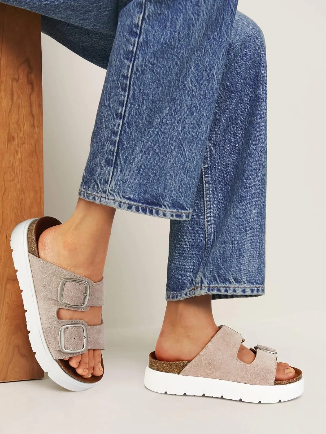 Genuine Leather Platform Sandals for Women Comfortable Summer Beach Slides Sandals with Double Adjustable Buckle