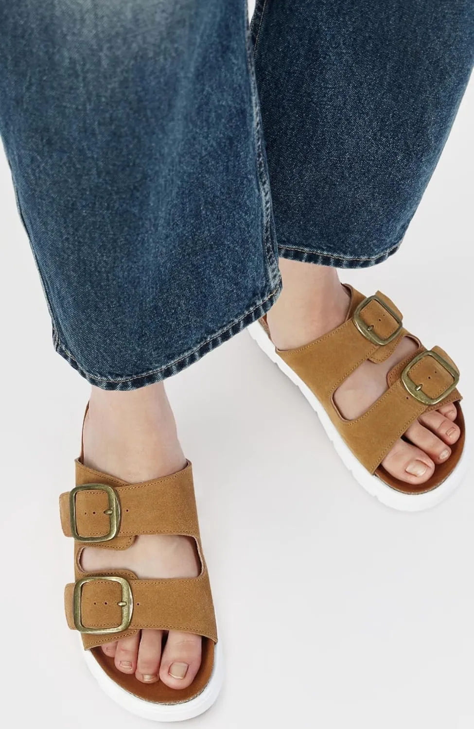 Genuine Leather Platform Sandals for Women Comfortable Summer Beach Slides Sandals with Double Adjustable Buckle