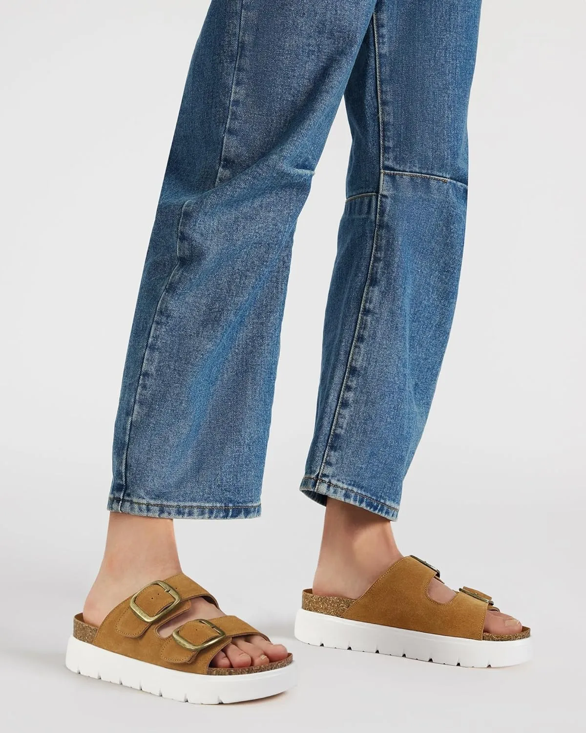 Genuine Leather Platform Sandals for Women Comfortable Summer Beach Slides Sandals with Double Adjustable Buckle