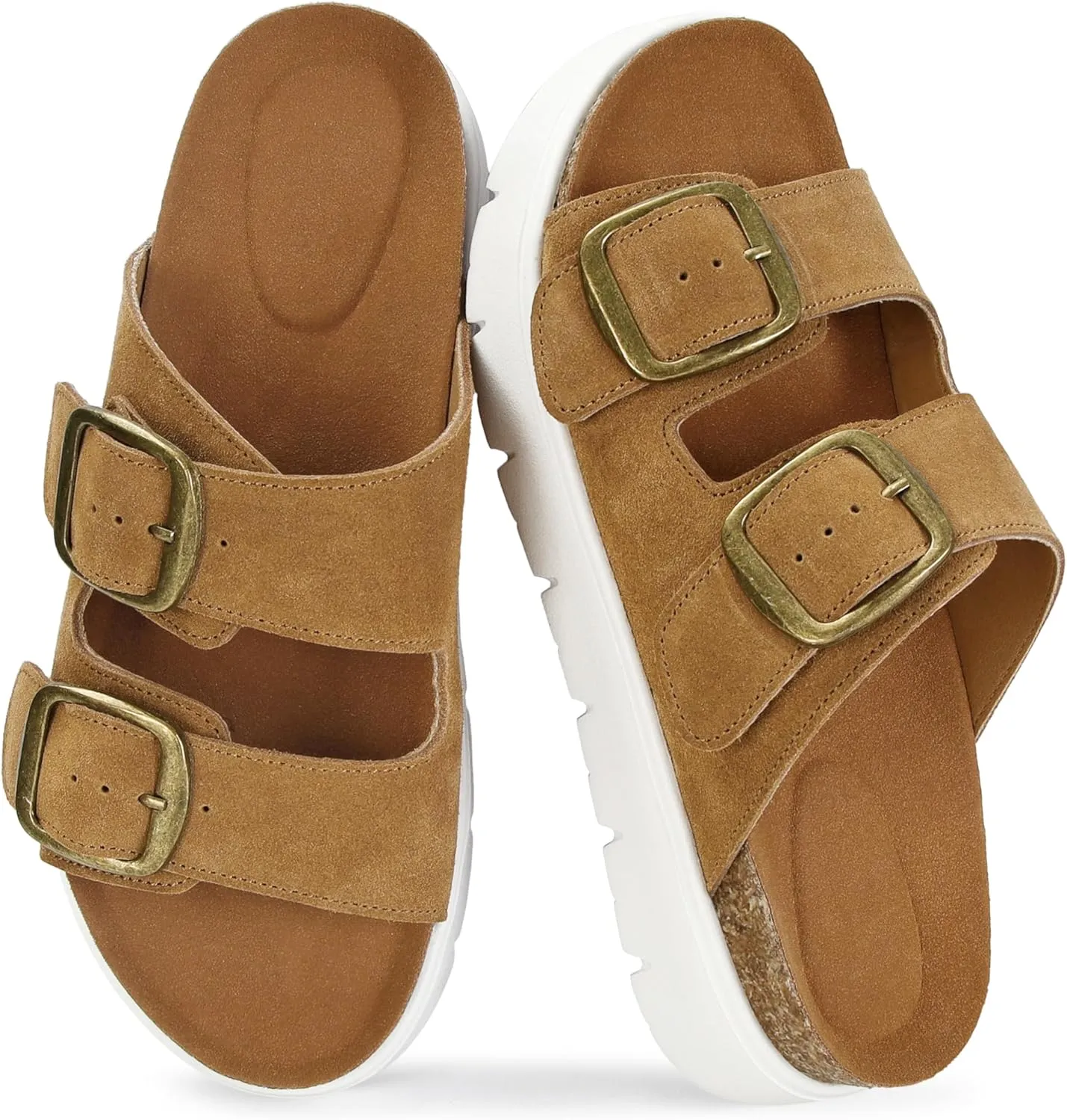 Genuine Leather Platform Sandals for Women Comfortable Summer Beach Slides Sandals with Double Adjustable Buckle