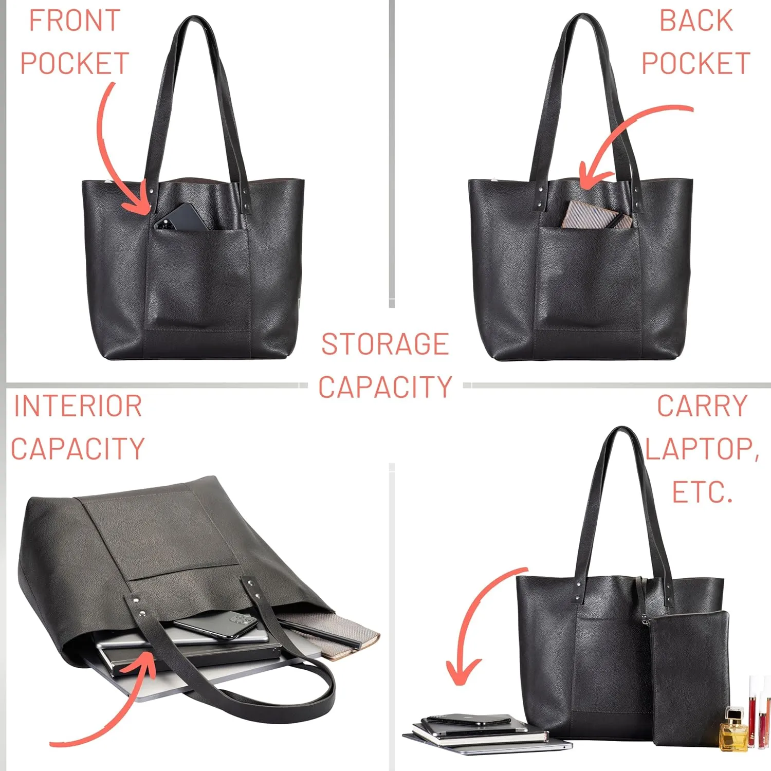 Genuine Leather Tote Bag for Women-Versatile Everyday, Work or Travel Tote w/Wristlet