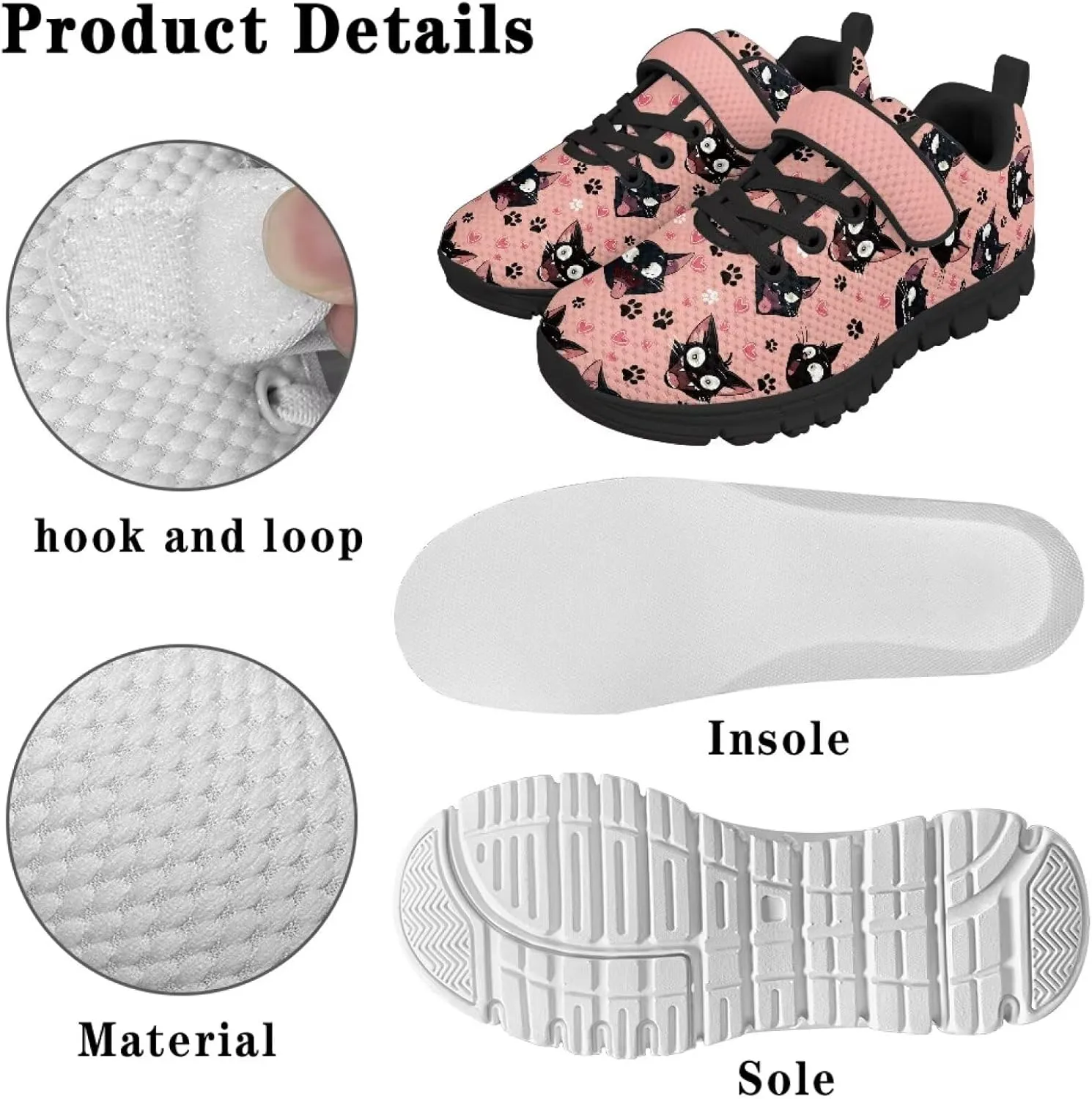 Girls Running Shoes with Hook and Loop Cute Print Kids Tennis Shoes for Outdoor Activities