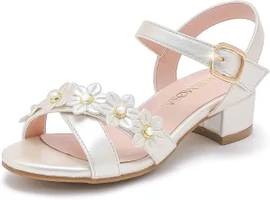 Girls Sandals Kids Heels Open Toe Ankle Strap Dress Shoes Flower Wedding Party for Toddler Little Big Kid