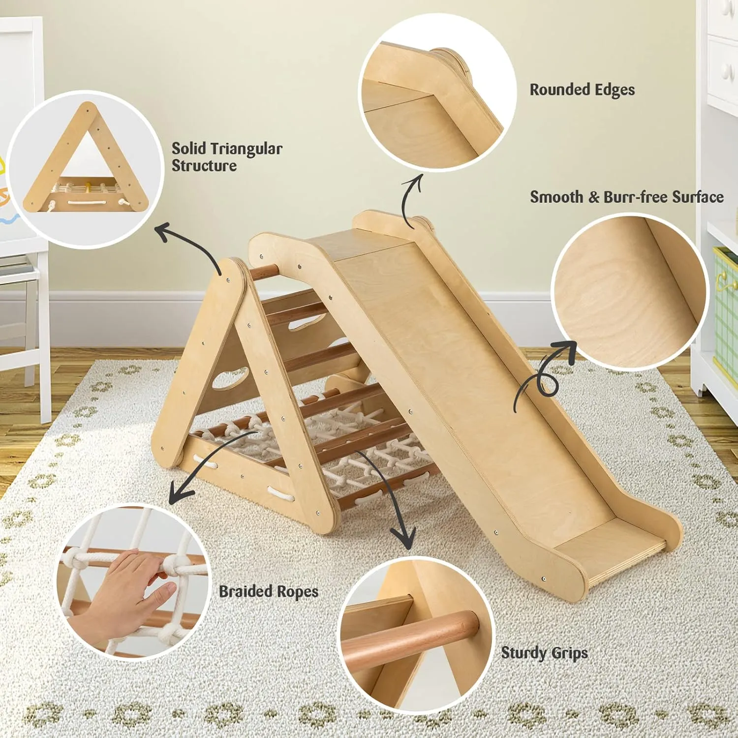 GLACER 4-in-1 Climbing Triangle w/Ramp, Climbing Toy Set with Rope Wall, Climbing Rock & Climbing Ladder, Fun Slide, Indoor & Outdoor Fun Triangle Climber for Kids Room, Play Room, Daycare (Natural)