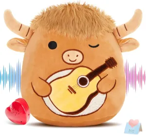 Glow Guards 12'' Heartbeat Scottish Highland Cow Plush Pillow Cute Recordable Stuffed Animal Recorder Cow Plush Toy Birthday Gift for Boys Girls,Brown Highland Cow