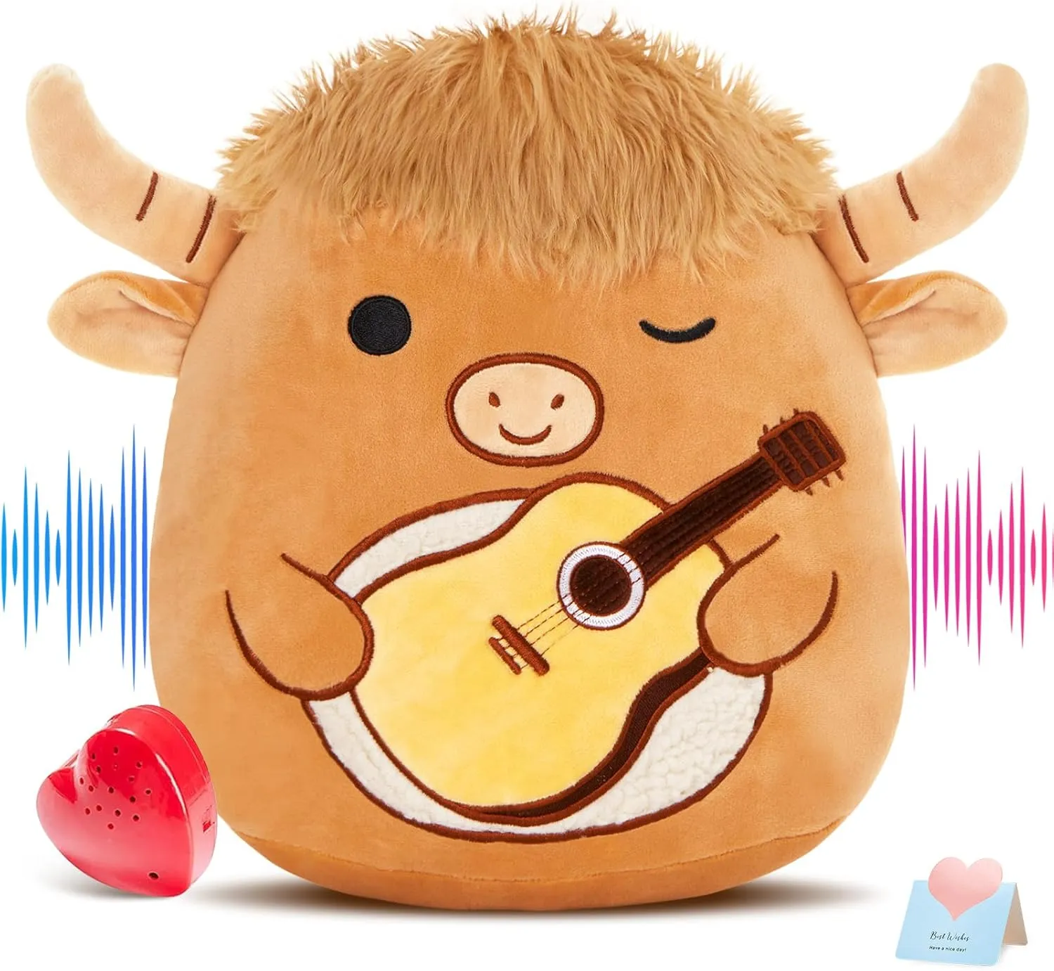 Glow Guards 12'' Heartbeat Scottish Highland Cow Plush Pillow Cute Recordable Stuffed Animal Recorder Cow Plush Toy Birthday Gift for Boys Girls,Brown Highland Cow