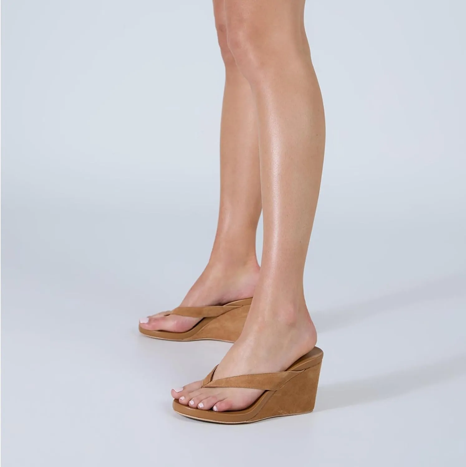 Goolita Suede Women's Wedge Flip Flop Sandals Platform Round Toe Strappy Thong Heels Sandals Summer Comfortable Casual Beach Slide Sandals