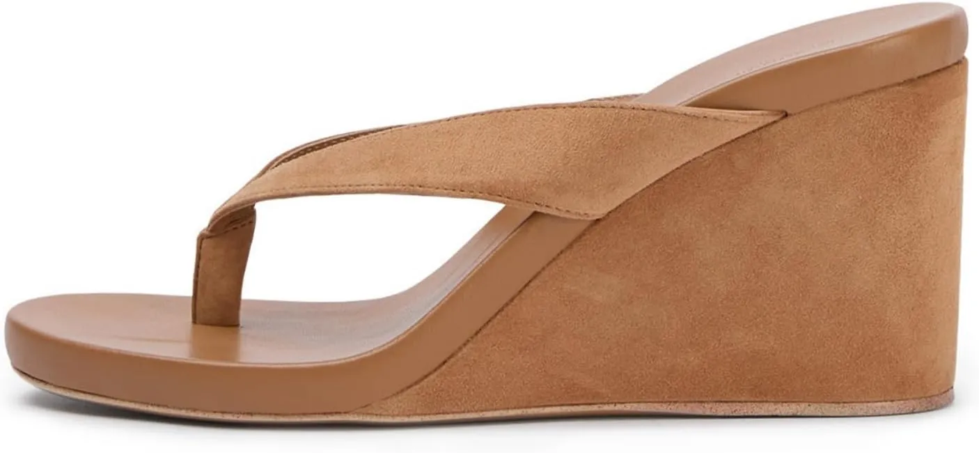 Goolita Suede Women's Wedge Flip Flop Sandals Platform Round Toe Strappy Thong Heels Sandals Summer Comfortable Casual Beach Slide Sandals